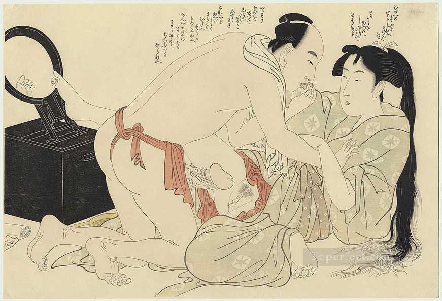 A man interrupts woman combing her long hair Kitagawa Utamaro Sexual Oil Paintings